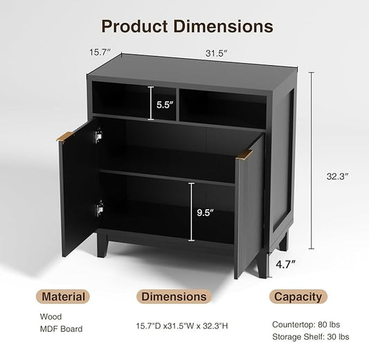 Buffet Cabinet with Storage - Elegant Fluted Storage Cabinet with Adjustable Shelves and Solid Wood Leg, Modern Buffet Sideboard for Living Room, Dining Room, Entryway