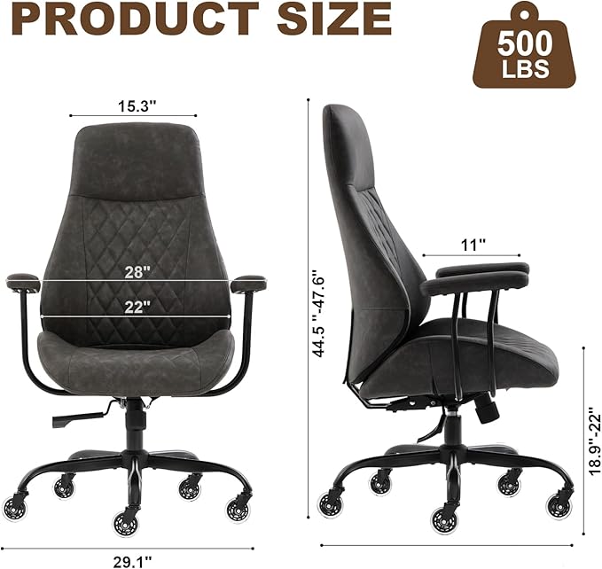 Home Office Desk Chair, Ergonomic High Back Leather Computer Chair with Lumbar Support, Adjustable Height & Recline, Swivel Executive Office Chair with Armrests and Rubber Casters, Dark Grey