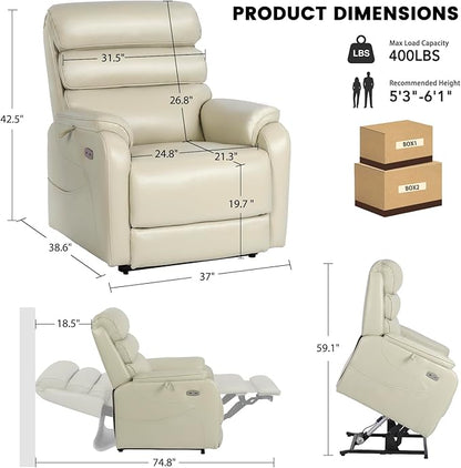 EONIX Wide Lay Flat Power Lift Recliner Chair for Elderly, 400lbs Heavy Duty Lift Chairs with Heat and Massage Charging Ports, Oversized Dual Motor Power Recliner for Adults, LRY004063, Cream White