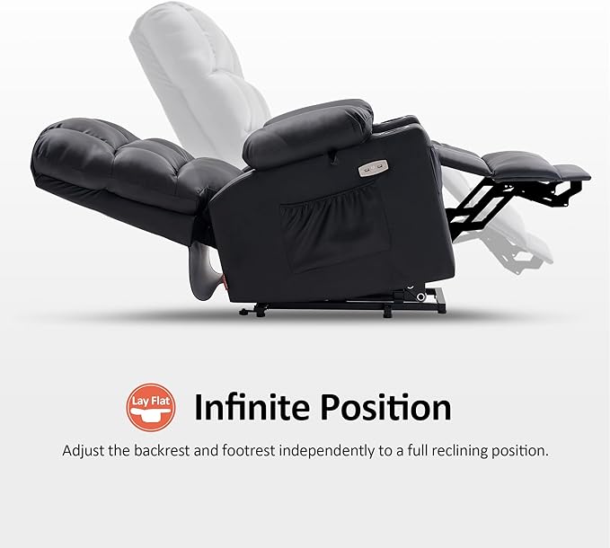 MCombo Medium Lay Flat Dual Motor Power Lift Recliner Chair Sofa with Massage and Heat for Elderly People, Infinite Position, Faux Leather 7679 (Black, Medium)