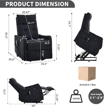 PELUMY Manual Lift Recliner Chair with Massage and Heat for Elderly, Single Motor Electric Lift Chair, Heavy Duty Recliner with USB Charging & Side Pockets (Chenille, Black)
