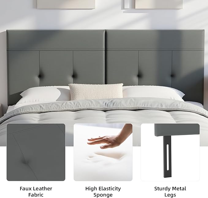Queen Headboard Only with Adjustable Metal Legs, Faux Leather Upholstered Headboard Queen Size, Modern Stylish Headboard with Sunken Dot Design, Sturdy Bed Headboard for Bedroom, Gray