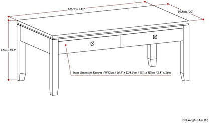 SIMPLIHOME Cosmopolitan Coffee Table - 42 inch Wide Solid Wood Contemporary Rectangle Cocktail Table in Mahogany Brown, Stylish Living Room Table with 2 Drawers and Square Brushed Nickel Knobs