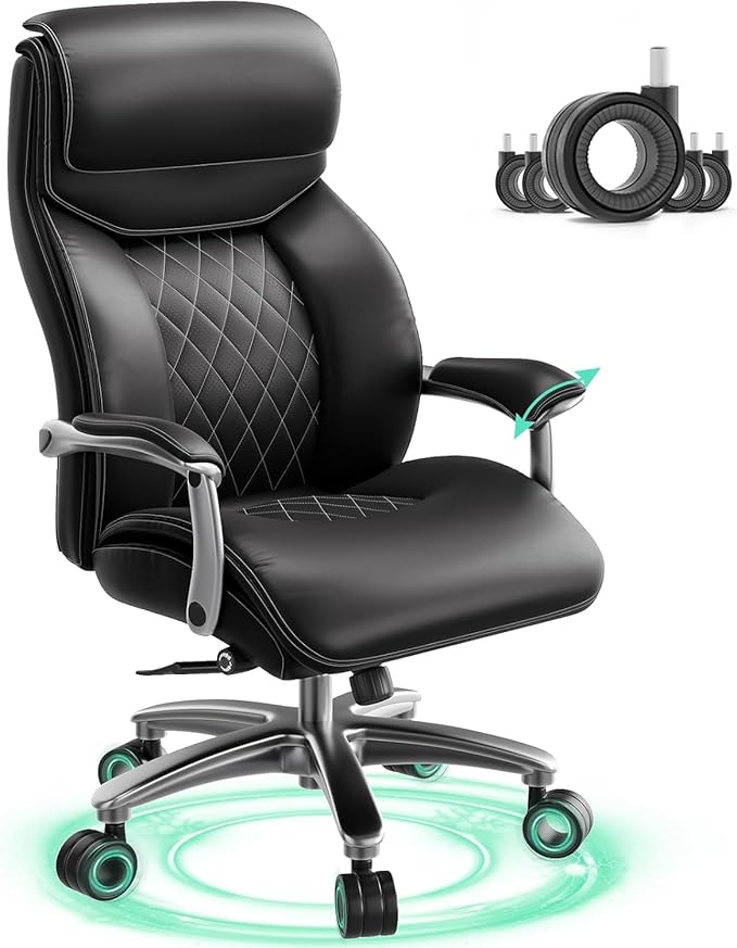 Big and Tall Office Chair with Wide Area Armrest, 600lbs Heavy Duty Desk Chair with Adjustable Lumbar Support, PU Leather High Back Ergonomic Executive Computer Chair with 3'' Silent Casters