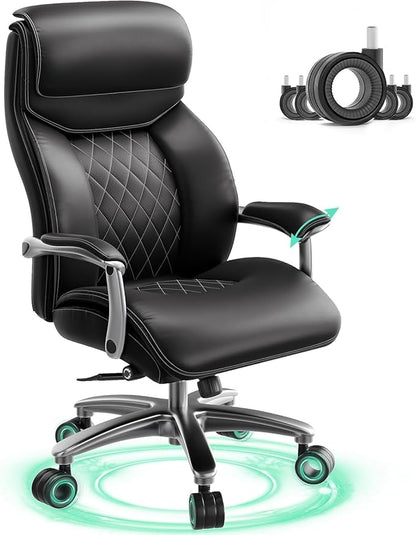 Big and Tall Office Chair with Wide Area Armrest, 600lbs Heavy Duty Desk Chair with Adjustable Lumbar Support, PU Leather High Back Ergonomic Executive Computer Chair with 3'' Silent Casters