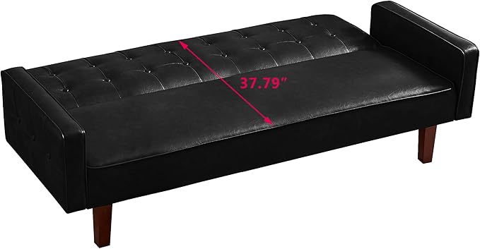 74" Loveseat Sofa with Vintage Button Tufting, Faux Leather Convertible Sleeper Futon Sofa Bed with Spring Cushion and Wood Legs for Apartments, Offices, Reception Areas, Living Rooms, Black