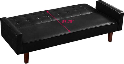 74" Loveseat Sofa with Vintage Button Tufting, Faux Leather Convertible Sleeper Futon Sofa Bed with Spring Cushion and Wood Legs for Apartments, Offices, Reception Areas, Living Rooms, Black