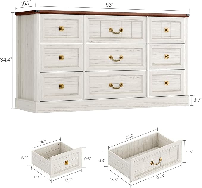 AOGLLATI Farmhouse 9 Drawers Dresser for Bedroom, 63" Wide Wood Rustic Chest of Drawers with Natural Texture, Vintage Design, Long Wide Storage Dresser for Bedroom, Antique White