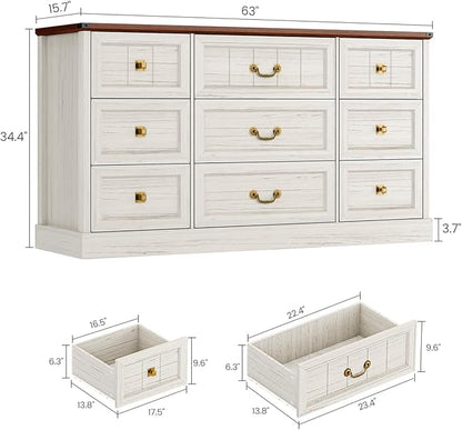 AOGLLATI Farmhouse 9 Drawers Dresser for Bedroom, 63" Wide Wood Rustic Chest of Drawers with Natural Texture, Vintage Design, Long Wide Storage Dresser for Bedroom, Antique White