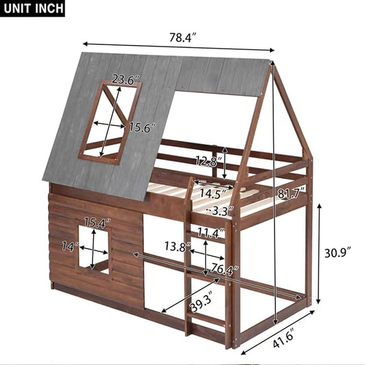 Wood Twin Size House Bunk Bed with Roof Ladder and 2 Windows,Floor Bedframe Low Bed Frame for Boys Girls Kids Teens Bedroom,Oak & Smoky Grey,Easy to Install,Brown