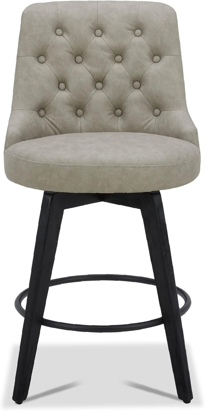 Watson & Whitely Counter Height Bar Stools, Faux Leather Upholstered Modern Swivel Barstool with Back, Solid Wood Legs, 26" H Seat, Stone Grey