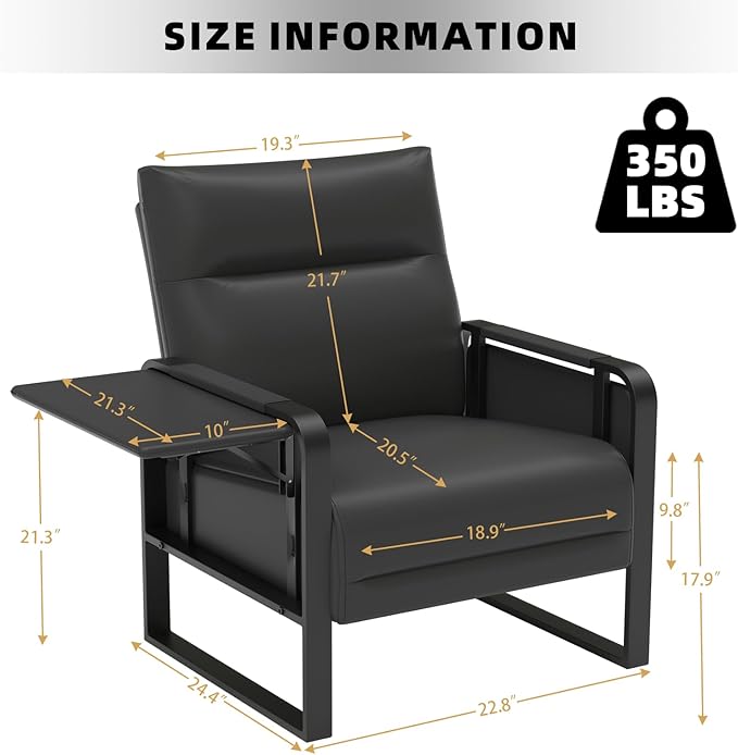 Faux Leather Accent Chair Set of 2, Upholstered Armchair with Side Tray & Pocket, Comfy Reading Chair for Living Room, Bedroom, Guest Room, Black