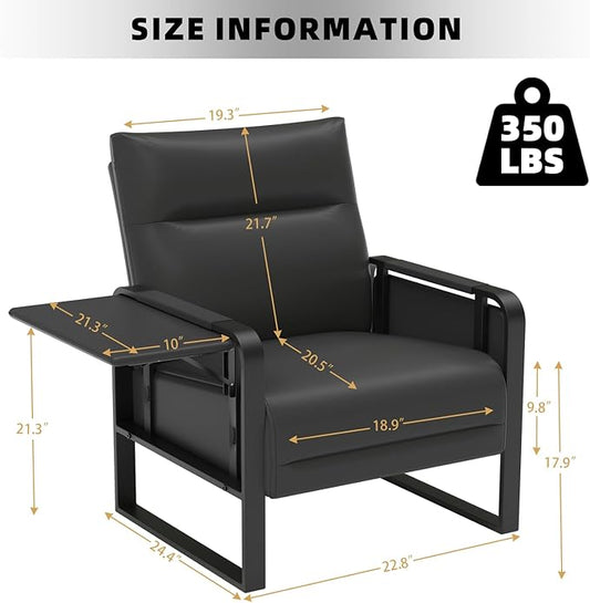 Faux Leather Accent Chair Set of 2, Upholstered Armchair with Side Tray & Pocket, Comfy Reading Chair for Living Room, Bedroom, Guest Room, Black