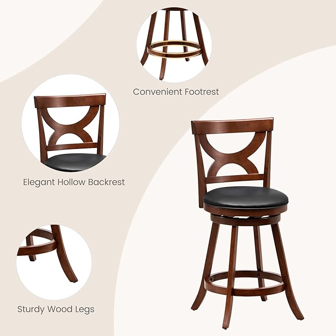 COSTWAY Bar Stools Set of 2, 24'' 360-Degree Swivel Chairs with Soft Cushion & Elegant Hollow Backrest, Rubber Wood Footrests, Upholstered Swivel Counter Stools for Kitchen Island, Pub, Café (2, 24‘’)