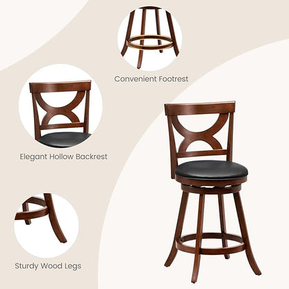 COSTWAY Bar Stools Set of 2, 24'' 360-Degree Swivel Chairs with Soft Cushion & Elegant Hollow Backrest, Rubber Wood Footrests, Upholstered Swivel Counter Stools for Kitchen Island, Pub, Café (2, 24‘’)