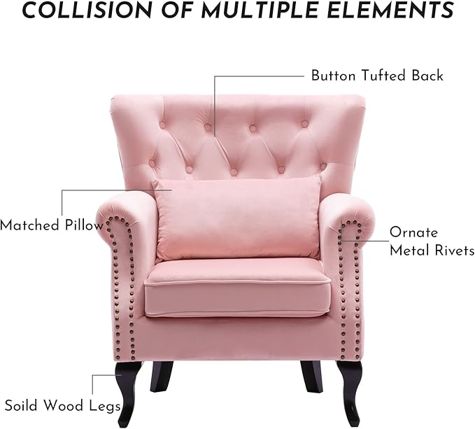 Accent Reading Arm Chairs Set of 2 for Living Room Bedroom, Midcentury Modern Comfy Corner Sofa Chair, Wingback Waiting Room Club Chair with Button Tufted Back &Lumbar Pillow, Velvet Pink