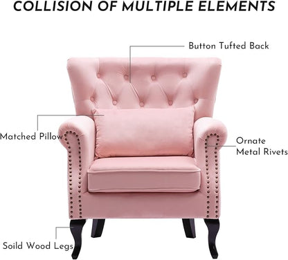 Accent Reading Arm Chairs Set of 2 for Living Room Bedroom, Midcentury Modern Comfy Corner Sofa Chair, Wingback Waiting Room Club Chair with Button Tufted Back &Lumbar Pillow, Velvet Pink