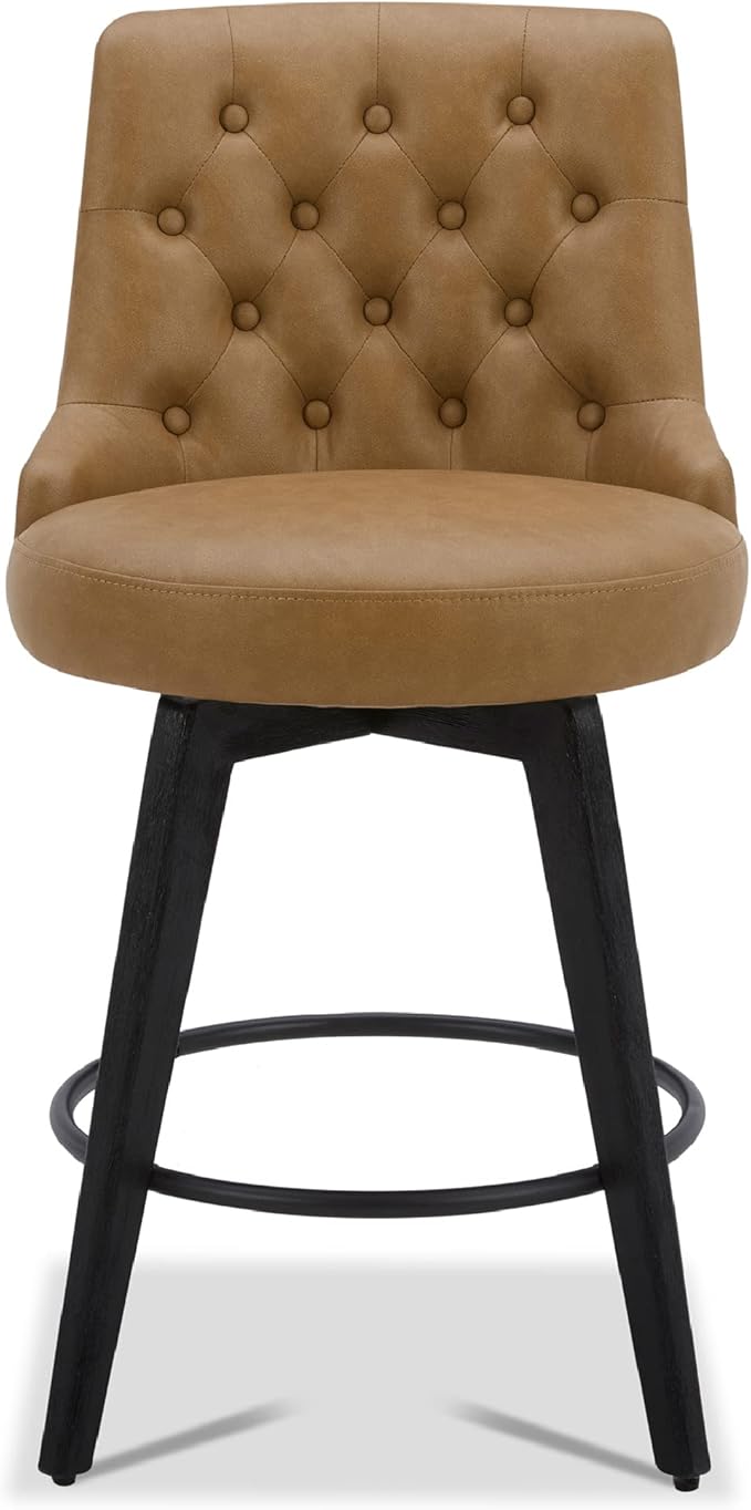 Watson & Whitely Counter Height Bar Stools, Faux Leather Upholstered Modern Swivel Barstool with Back, Solid Wood Legs, 26" H Seat, Cognac