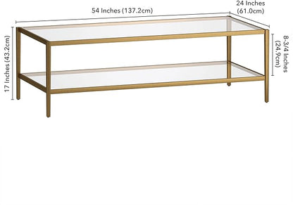 Henn&Hart 54" Wide Rectangular Coffee Table with Glass Shelf in Antique Brass, Modern coffee tables for living room, studio apartment essentials