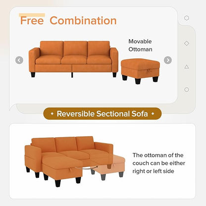 Sectional Sofa Couches for Living Room - 78''Convertible Modular Three-Seater L-Shaped Pet-Friendly Couch,Washable Sofa Cover-Bench Storage, Suitable for Small Living Room, Apartment,Office-Orange