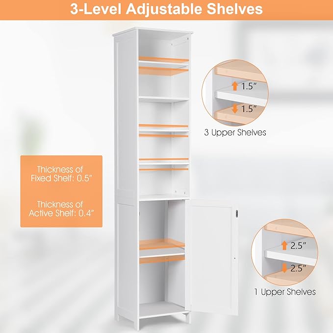 COSTWAY Bathroom Storage Cabinet, Freestanding Floor Cabinet with 3-Level Adjustable Shelves, Convenient Door & Knob, Narrow Tall Cabinet Organizer for Bathroom, Living Room, Kitchen (White)