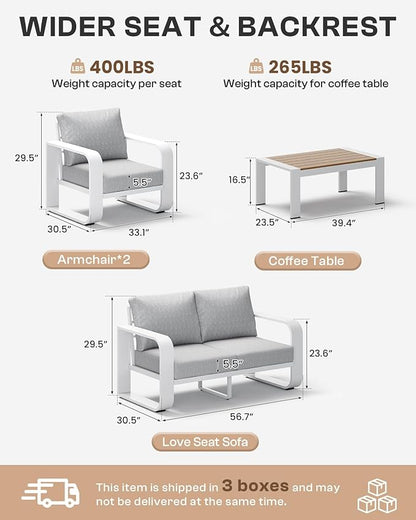 Aluminum Outdoor Patio Furniture Set 4 Piece, Oversized Patio Conversation Sets Widened Armrest & Ultra-Thick Cushions, Deep Seating Modern Sectional Furniture for Backyard, Deck, White