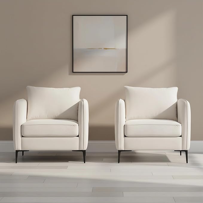 Velvet Accent Chair, Comfy Upholstered Single Sofa Chair Mid-Century Modern Armchair with Thick Cushion and Wood Frame Side Chair for Living Room Bedroom Apartment (Ivory)