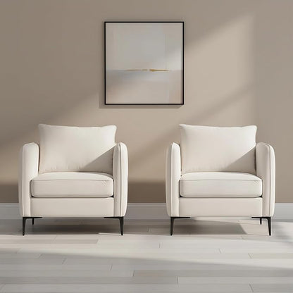 Velvet Accent Chair, Comfy Upholstered Single Sofa Chair Mid-Century Modern Armchair with Thick Cushion and Wood Frame Side Chair for Living Room Bedroom Apartment (Ivory)
