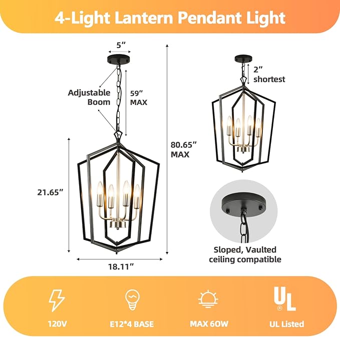 4-Light Farmhouse Chandelier for Dining Room, Modern Foyer Lighting Fixture, 18.1" Lantern Pendant Light, Kitchen Island Hanging Pendant Light Fixture, for Bedroom, Entryway Hallway