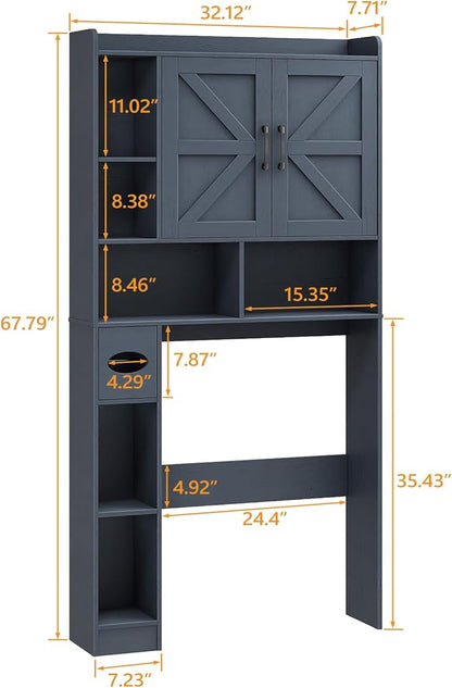 Vabches Over The Toilet Storage Cabinet, Farmhouse Storage Cabinet Over Toilet with 2 Barn Door & Toilet Paper Holder Stand，Home Space-Saving Toilet Rack, for Bathroom, Restroom, Laundry,Blue