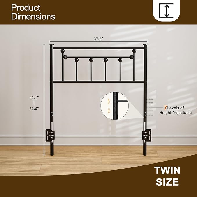 Metal Twin Size Headboard - Adjustable Height - Victorian Farmhouse Style, Steel Twin/Twin XL Headboard Only for Bedroom, Easy Assembly, Black