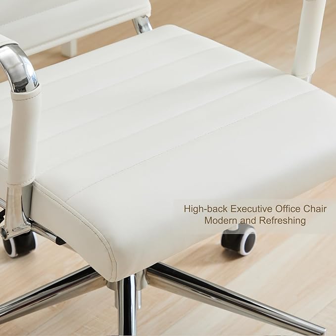 Office Desk Chair Leather, Conference Room Chairs with Wheels, Executive Modern High Back Ergonomic Swivel Rolling Ribbed Computer Chair（White）
