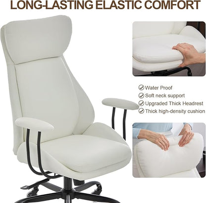 Home Office Desk Chair, PU Casters Ergonomic Computer Chair with Lumbar Support, Adjustable Height, 360°Rolling Swivel Chair, High Back Executive Task, Padded Armrests Chair, White Leather