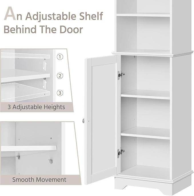 Yaheetech Tall Slim Storage Cabinet with 3 Shelves & Door, Freestanding Linen Cabinet for Bathroom, Living Room, Entryway, 16 x 12 x 60.5 Inches, White