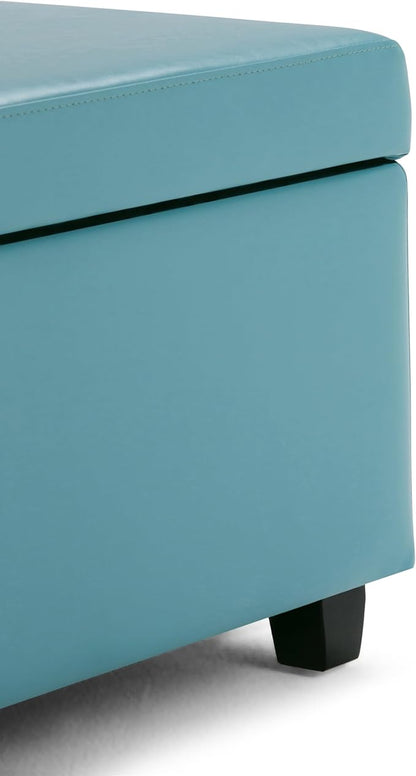 SIMPLIHOME Avalon 48 inch Wide Contemporary Rectangle Storage Ottoman Bench in Soft Blue Vegan Faux Leather, Assembled, For the Living Room, Entryway and Family Room