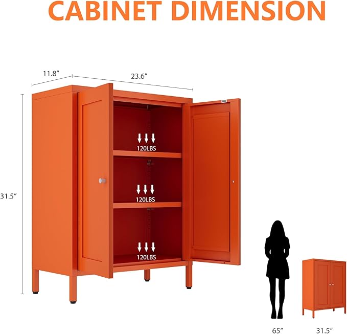 Metal Bathroom Cabinet, Small Floor Storage Cabinet, Freestanding Sideboard with 2 Adjustable Shelves for Living Room, Dinging Room (Orange, 31.5" H-2 Doors)