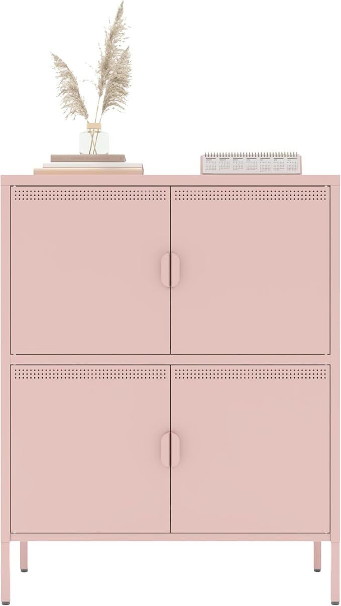 4 Door Metal Storage Locker,2-Tier Office Cabinet,Pink Metal Locker Storage Cabinet for Industrial,Home,School,Gym,31.5 x 15.8 x 40 Inches,Pink