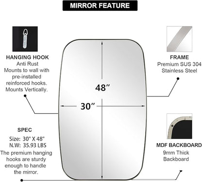 ANDY STAR Brushed Nickel Mirror, 30x48’’ Brushed Nickel Bathroom Oval Mirror with Stainless Steel Metal Frame, Silver Oblong Mirrors Wall Mounted for Bedroom, Living Room Decor