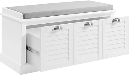 Crosley Furniture Ellison Entryway Storage Bench with Shoe Rack Organizer Drawer, White with Gray Cushion