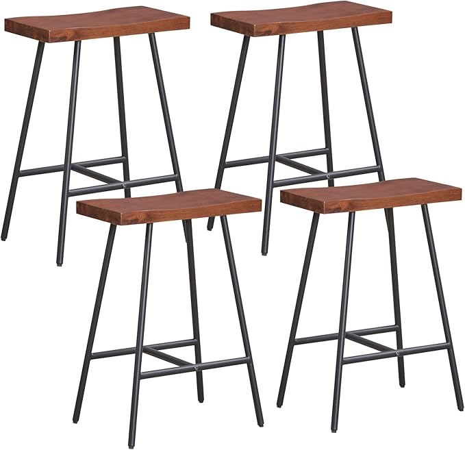 COSTWAY Industrial Bar Stools, 24-inch Backless Counter Height Saddle Stools with Footrest, Metal Legs, Adjustable Foot Pads, Barstools for Kitchen Island Cafe Restaurant, Walnut+Black (Set of 4)