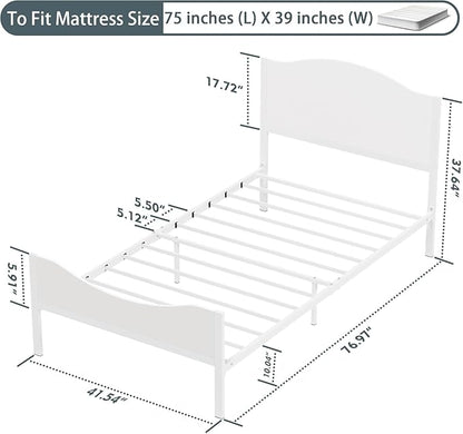 Timy Kids Twin Bed Frame with Wooden Headboard and Footboard, Metal Platform Bed Frame for Boys Girls Teens Adults, Modern Kids Furniture, No Box Spring Needed, White