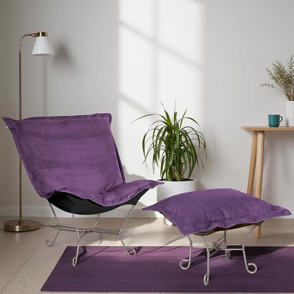Howard Elliott Scroll Puff Ottoman Chair With Cover, Multipurpose Alternate Seating Footstool Footrest Chair with Titanium Frame, Patio Furniture for Camping, Home, Indoor & Outdoor, Bella Eggplant