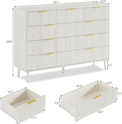 LYNSOM Fluted 9 Drawer Dresser for Bedroom, 55" Wide Modern Chest of Drawers with Curved Profile Design and Metal Handles, Wood Dresser TV Stand & Storage Organizer for Bedroom, Hallway, White