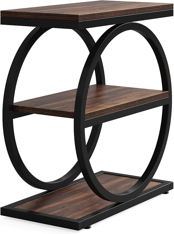 LITTLE TREE 3-Tier End Table, Industrial Side Table with Storage Shelves, Small Sofa Side Table for Living Room, Wooden Side End Table with Double Round Metal Legs