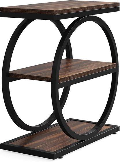 LITTLE TREE 3-Tier End Table Set of 2, Industrial Side Table with Storage Shelves, Small Sofa Side Table for Living Room, Wooden Side End Table with Round Metal Legs, Slim Nightstand and Bedside Table