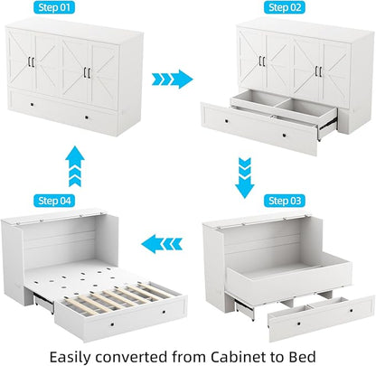 Murphy Bed Queen with Storage & Charging Station, Murphy Cabinet with Foldable Panel, Noisy Free, for Guest Bedroom, Living Room, Office, Distressed White