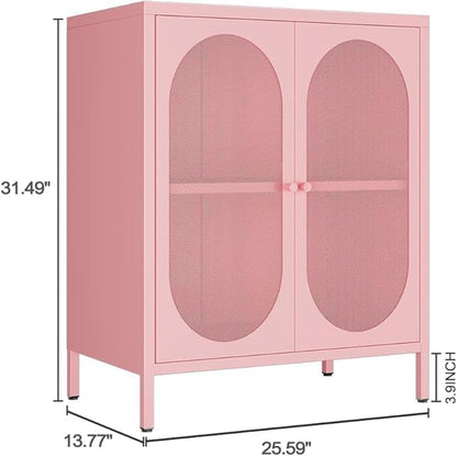Display Cabinets with 2 Mesh Doors，Small Pantry Cabinet, Storage Closet with Adjustable Shelf and High Feet, Pink Cabinet for Home, Office, Living Room,Dining Room,Sideboard, Hallway and Entryway