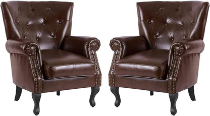 MOJAY PU Leather Accent Chair Set of 2, Mid-Century Modern Armchair Living Room Club Chair with Tufted Button & Rivet Trim, Upholstered Sofa Chair with Sturdy Wood Legs for Bedroom (Reddish Brown)