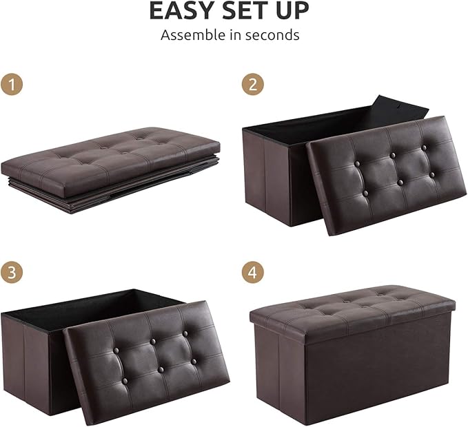YOUDENOVA 30 inches Folding Storage Ottoman, 85L Storage Ottoman Bench for Living Bedroom and Hallway, Faux Leather Brown Footrest with Foam Padded Seat, Brown