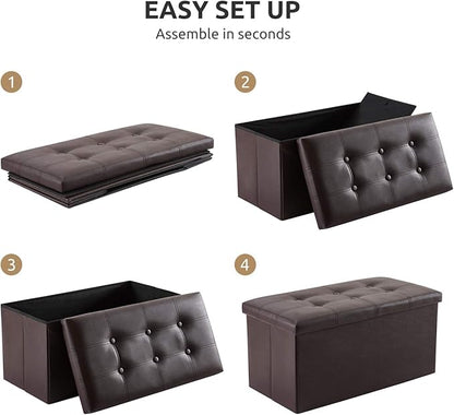 YOUDENOVA 30 inches Folding Storage Ottoman, 85L Storage Ottoman Bench for Living Bedroom and Hallway, Faux Leather Brown Footrest with Foam Padded Seat, Brown